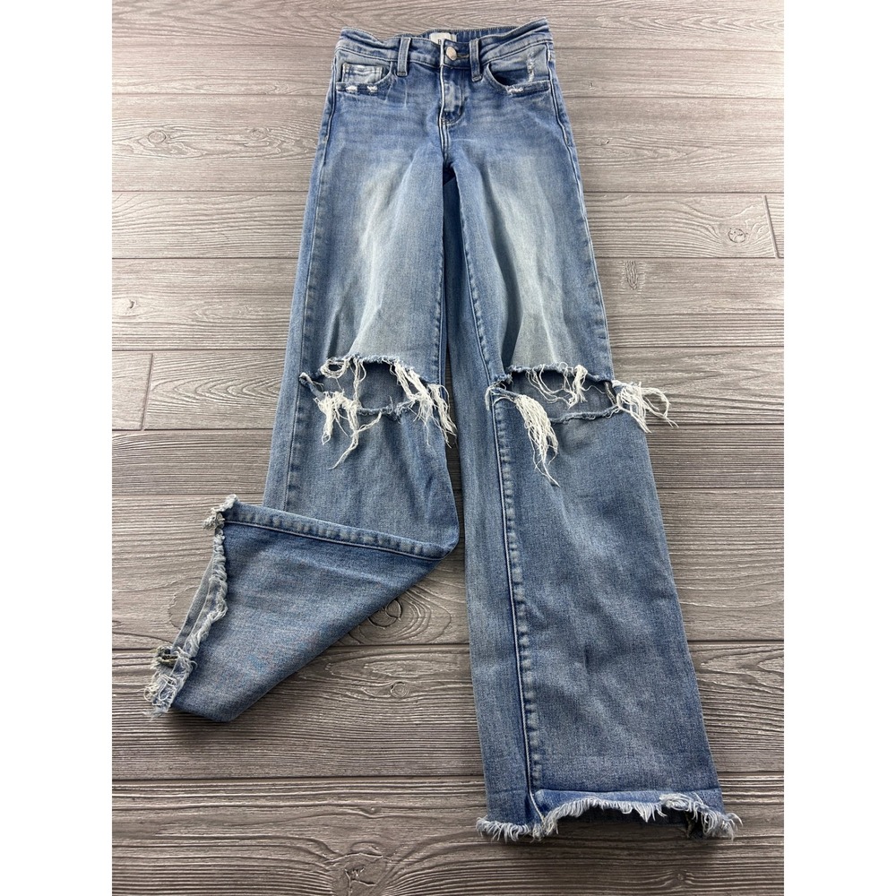 BKE Youth Girls Distressed Wide Leg Jeans Light Wash Blue Size 12 Frayed Hem